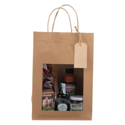 Papiertaschen mit Fenster & Etikett - Braun (220 + 120 x 320) | 100 Stück