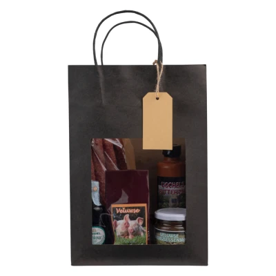 Geschenktüte aus Papier mit Fenster & Etikett - Schwarz (220 + 120 x 320) | 100 Stück